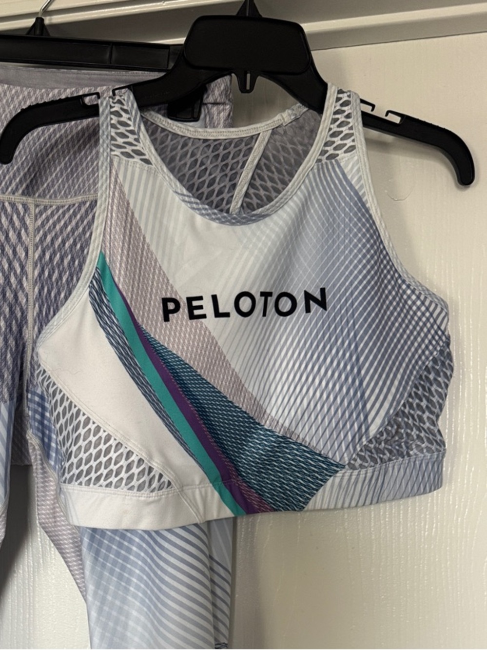 Peloton Light Blue, White & Teal Racerback Sports Bra and Leggings sold separate
